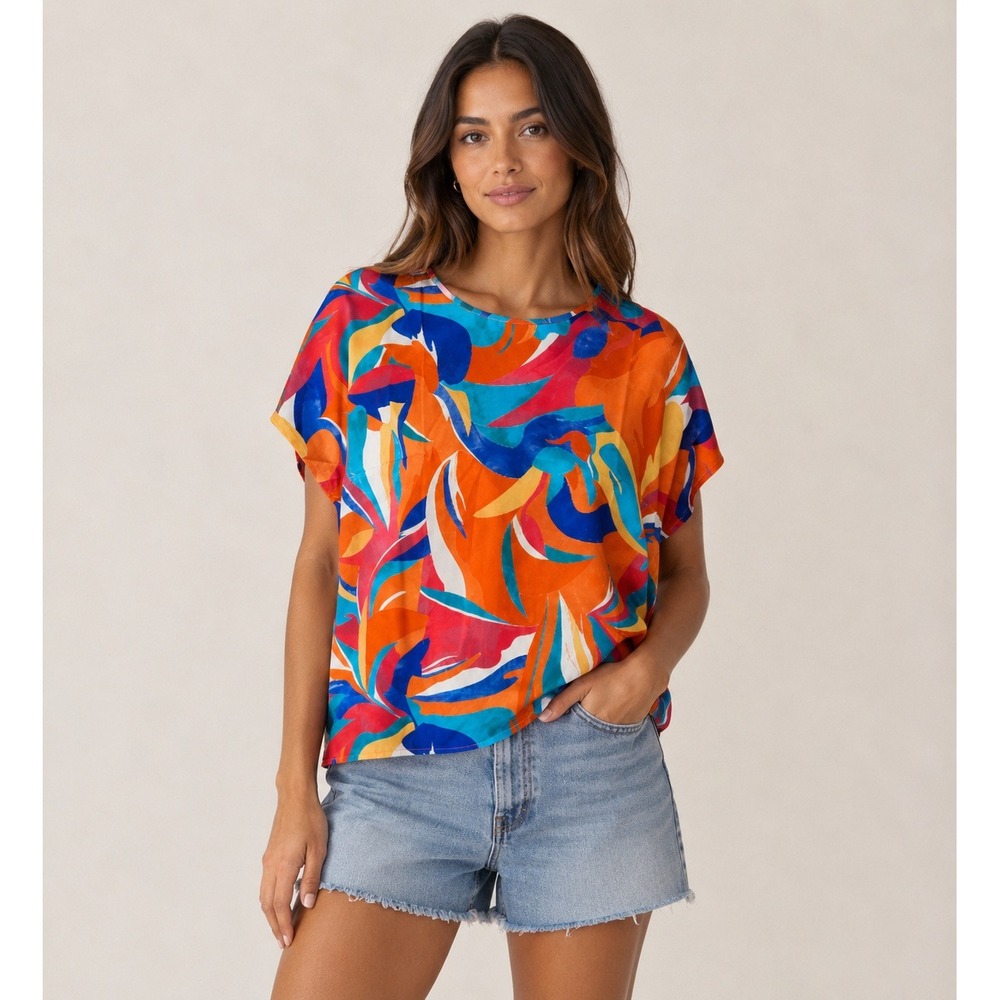 Colorful Abstract Print Blouse Tropical Resort Dopamine Dressing Vacation Top XL